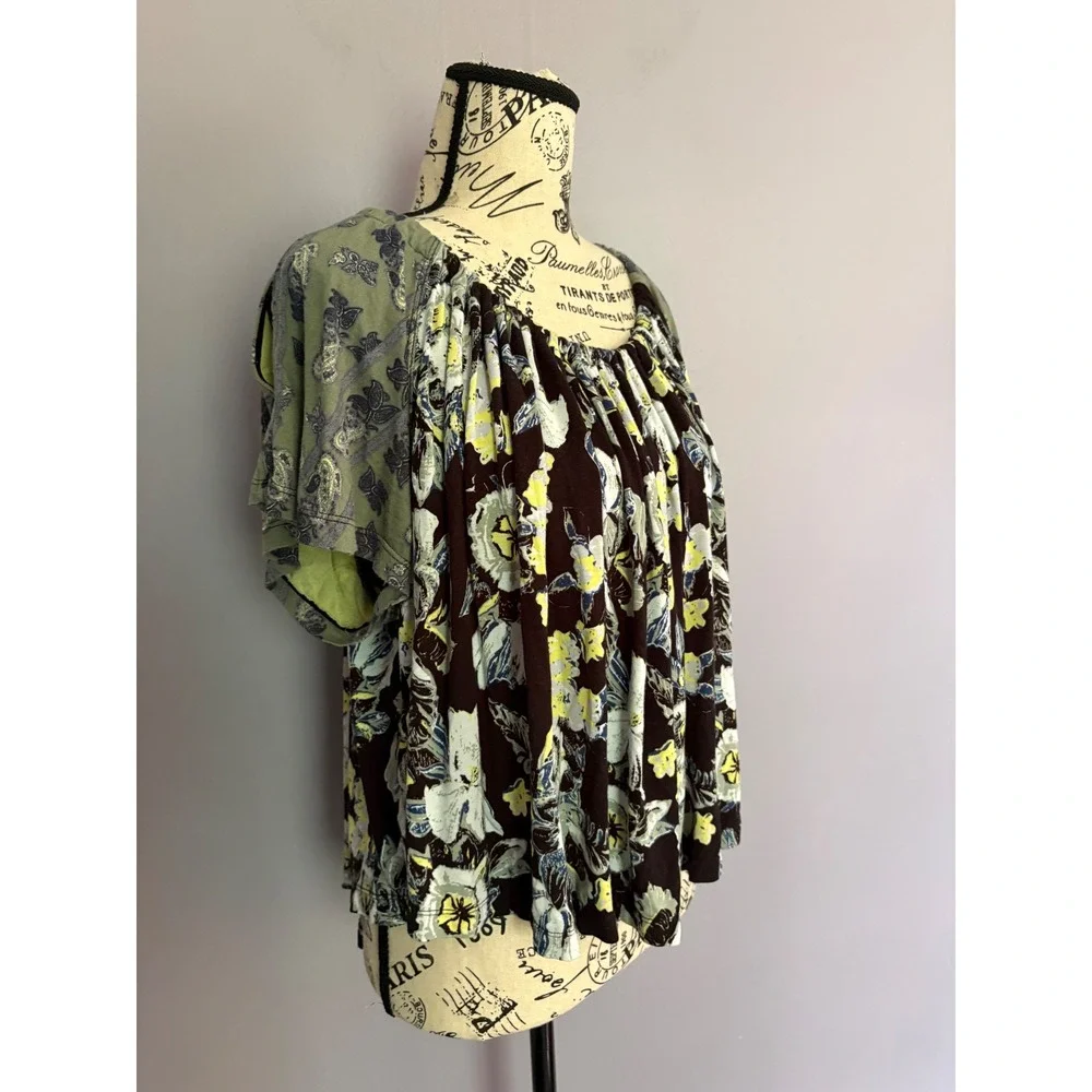 Free People Mixed Floral Paisley Cold Shoulder Open Back Tie‎ Top Green Black XS
